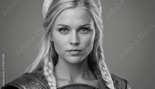 Blonde viking waoman model with blue eyes close-up portrait, black and white photo