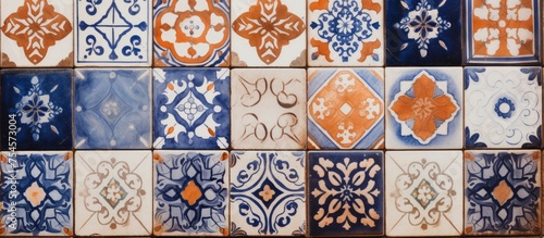 A close-up view showcasing a variety of different colored tiles, each displaying the intricate designs and patterns typical of old Mediterranean style decoration.
