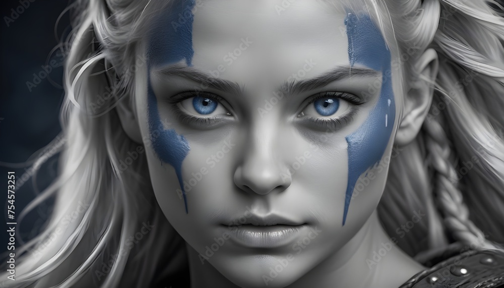 Black and white viking girl model cosplay close-up portrait, black and white, blue eyes, blue paint war signs on the face Black and white viking girl model cosplay close-up portrait, black and white, blue eyes, blue paint war signs on the face