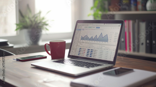 A laptop displaying charts and graphs on a wooden desk with a red coffee mug, smartphone, tablet, and pen, symbolizing a professional work environment.
