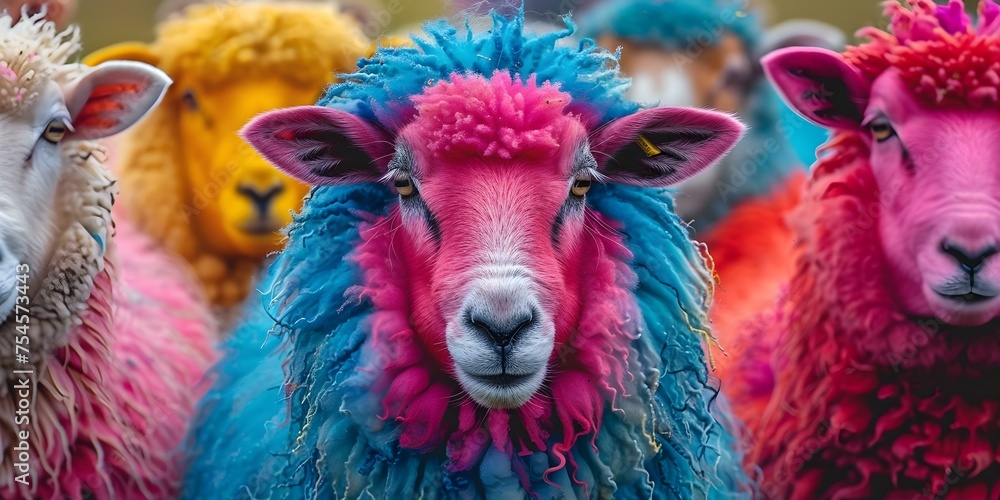Vibrant Festival Sheep Colorful Painting Standing Out in Crowd. Concept Festival Sheep, Colorful Painting, Standing Out, Vibrant, Crowd