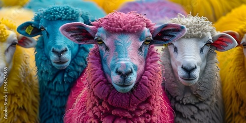 Fototapeta Naklejka Na Ścianę i Meble -  Stand Out in the Crowd: Vibrant Festival Sheep Colorful Painting. Concept Festival Fashion, Vibrant Colors, Unique Creativity, Artistic Expression, Eye-Catching Designs