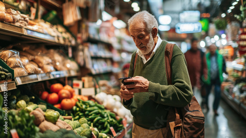 Senior man is smiling while looking at his smartphone, standing beside a shopping cart filled with groceries in a supermarket aisle.