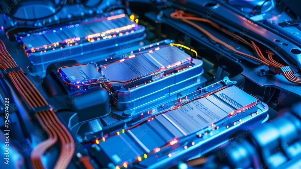 An electric car lithium battery pack is illustrated with power ...