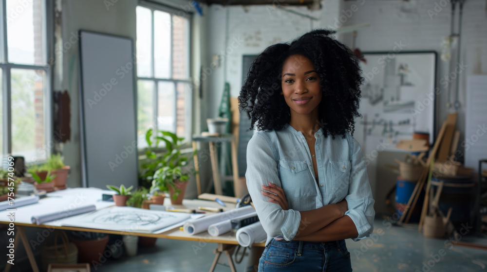 confident businesswoman standing with crossed arms in a modern, creative office space confident businesswoman standing with crossed arms in a modern, creative office space