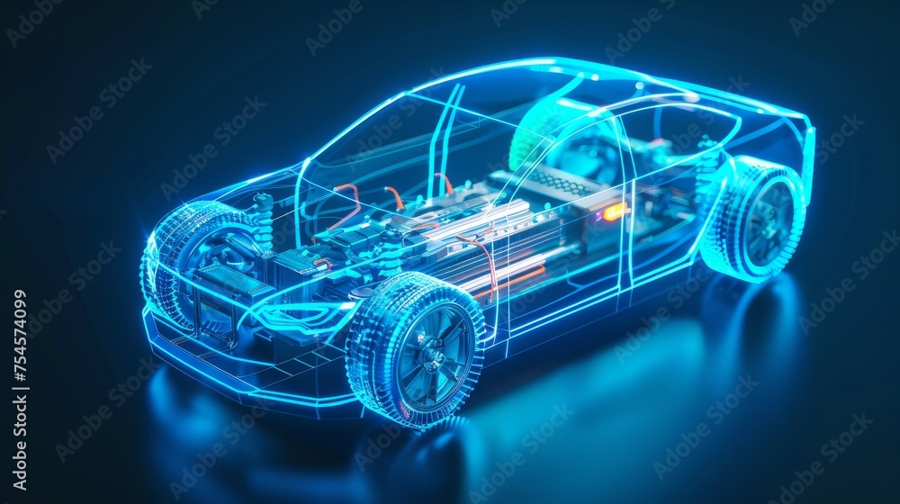 An electric car lithium battery pack is illustrated with power connections, showcasing the core of modern automotive technology in a vibrant blue tone An electric car lithium battery pack is illustrated with power connections, showcasing the core of modern automotive technology in a vibrant blue tone
