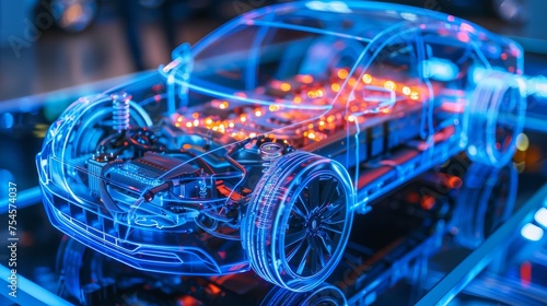 An electric car lithium battery pack is illustrated with power connections, showcasing the core of modern automotive technology in a vibrant blue tone photo