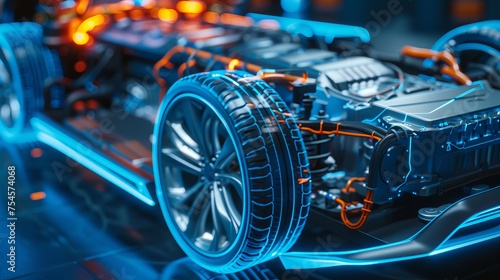 An electric car lithium battery pack is illustrated with power connections, showcasing the core of modern automotive technology in a vibrant blue tone