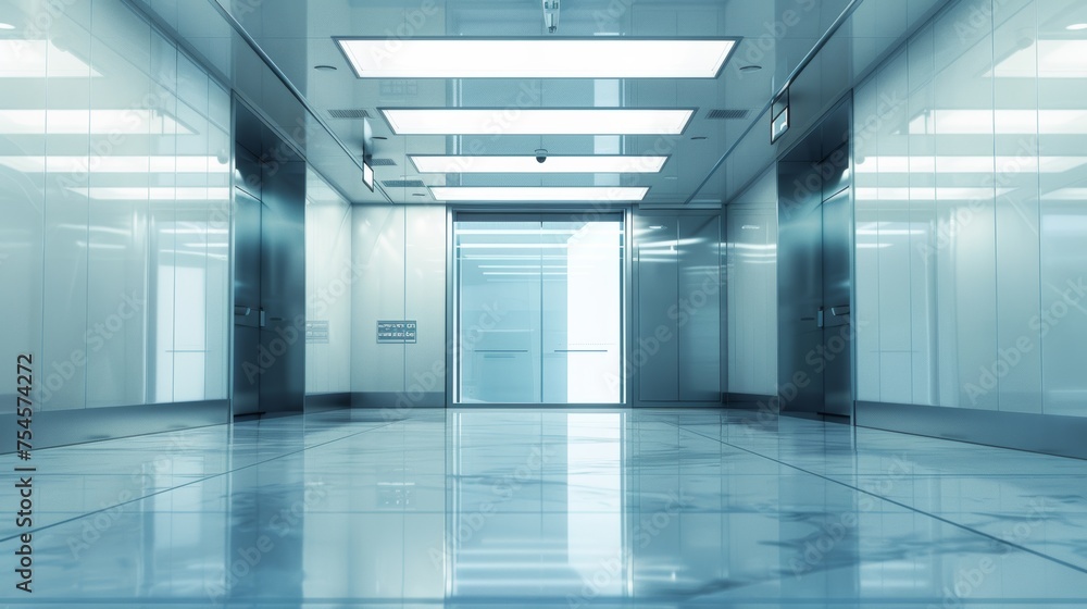 An empty floor is graced by a modern elevator with open doors, within a spacious hall or lab