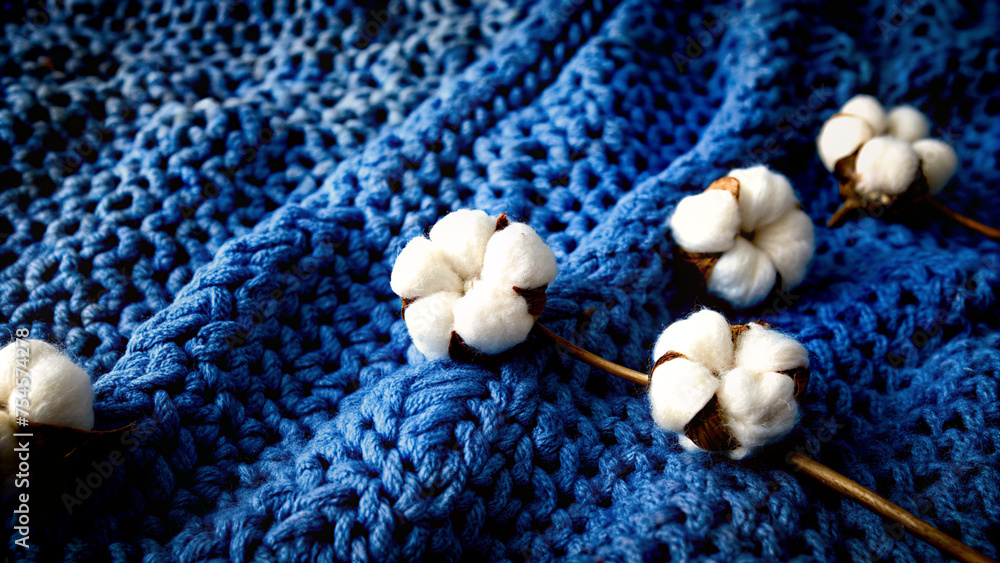 Natural Cotton Branches on Textured Deep Blue Knitted Background. Blue knitted cotton blanked background, free space for text. Natural Cotton Branches on Textured Deep Blue Knitted Background. Blue knitted cotton blanked background, free space for text.