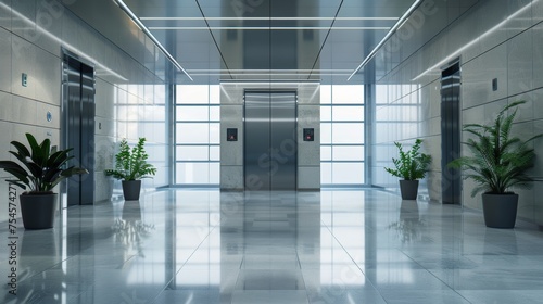 An empty floor is graced by a modern elevator with open doors, within a spacious hall or lab © Orxan