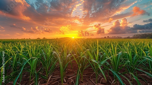 sugarcane field and cloudy sky at sunset  photo