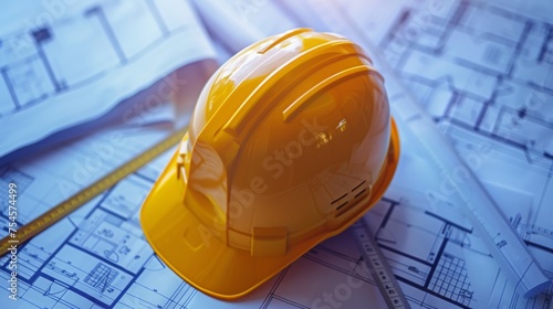 An isolated hard hat with blueprints and rulers emphasizes construction planning
