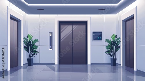 An office corridor displays an LCD  alongside open and closed elevator doors  captured in a vector illustration