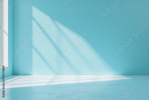 Sunlight Through Window Casting Shadows On A Serene Blue Wall. Banner with copy space