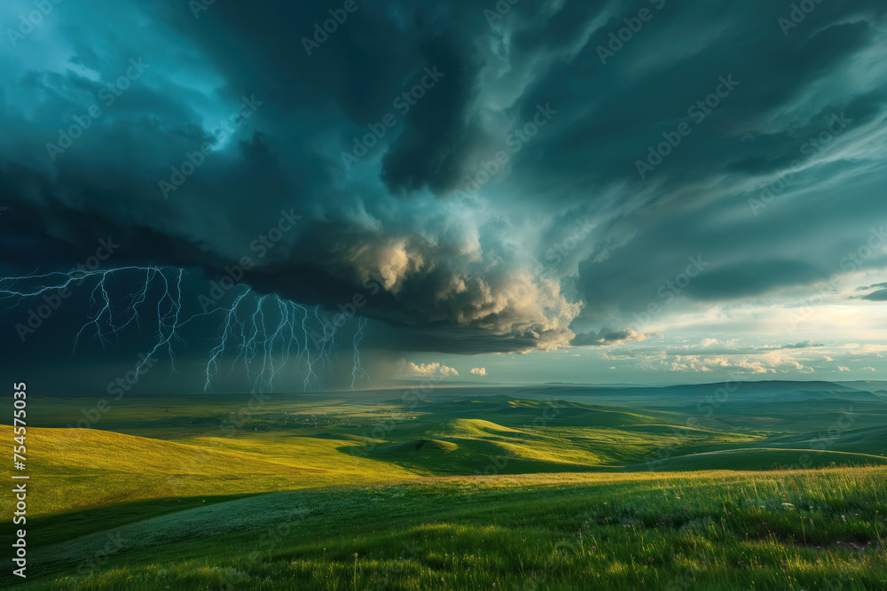 Fototapeta premium Dramatic Thunderstorm Over Rolling Hills - Nature's Fury Unleashed Under Dark Clouds