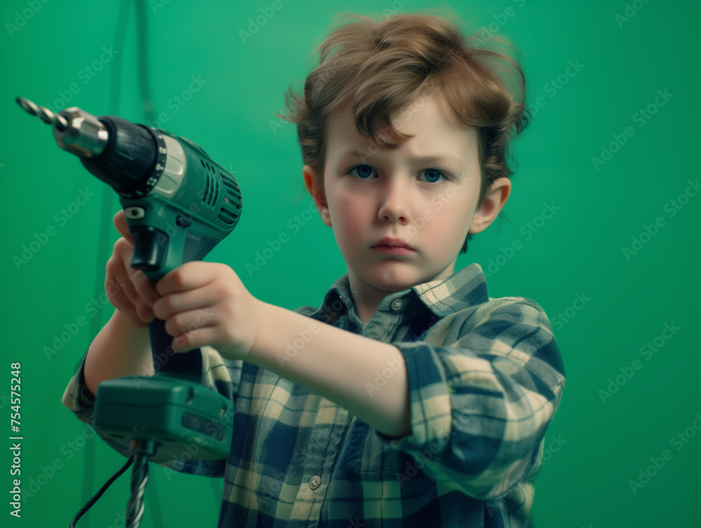 construction tool in the hands of a child. Studio. Color background. Teaching children handicrafts. construction tool in the hands of a child. Studio. Color background. Teaching children handicrafts.