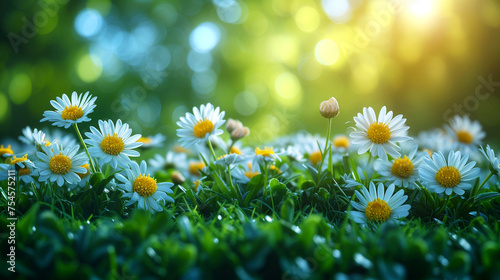 Daisy flowers on green grass with bokeh background. Spring nature concept.