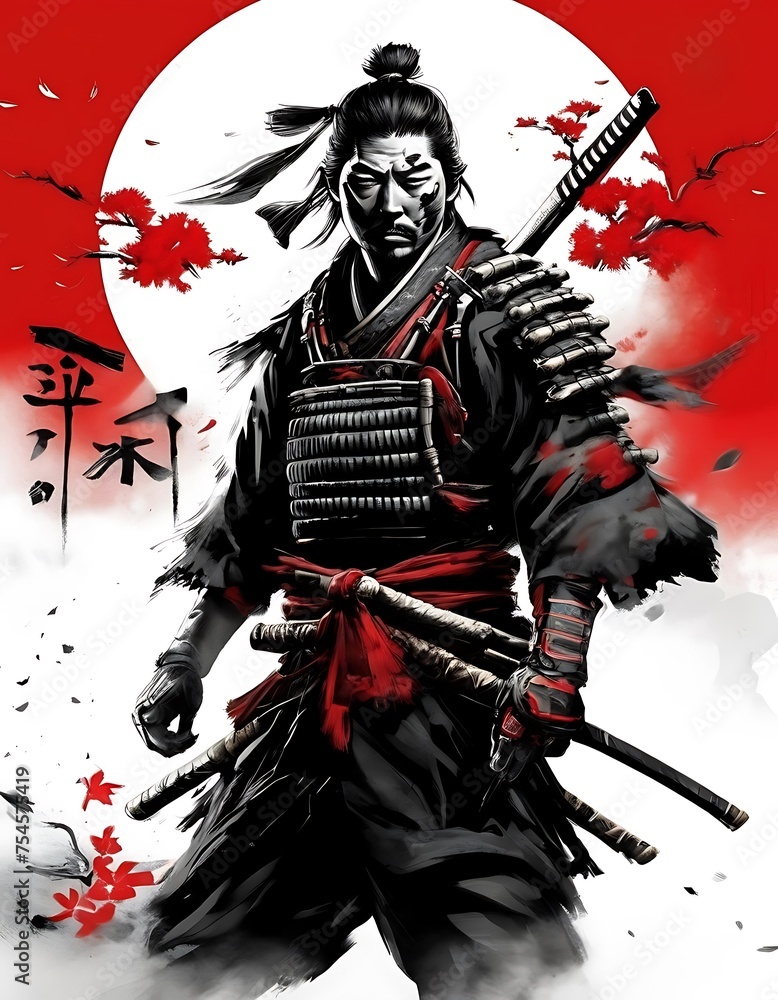 Φωτογραφία Samurai warrior: Ghost of Tsushima, Japanese samurai fighting demon warrior on a beautiful scenic landscape consist of mountains, birds flying, sun, bloodthirsty village background