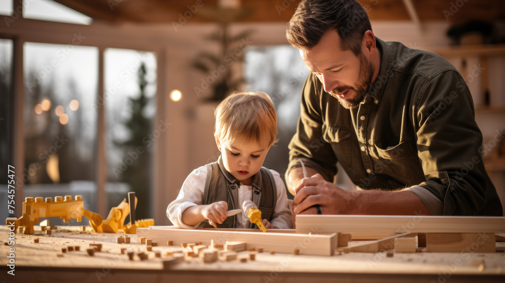 Father is teaching his young son how to use build something from wood. - obrazy, fototapety, plakaty 