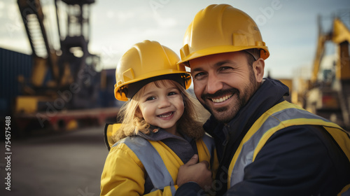 Father in a reflective vest and hardhat is smiling and looking at his child who is also wearing a mini hardhat, sharing a joyful moment together at a construction site.