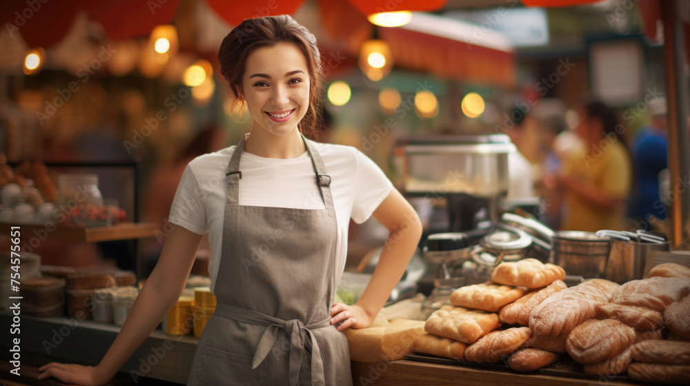 A smiling woman in an apron leaning on a counter in a bakery, with a variety of freshly baked breads displayed in front of her.