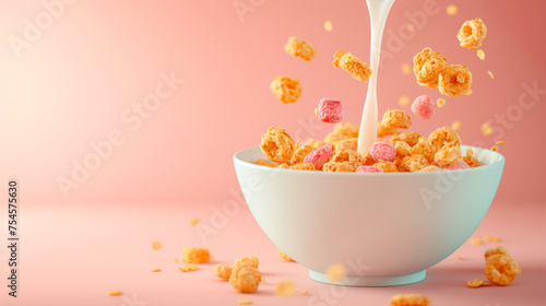 Multicolored Cereal with Milk Splash in White Bowl