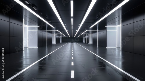 Empty White Futuristic 3D Neon Background Studio: Abstract Space Technology Tunnel Stage Floor  © Didikidiw61447