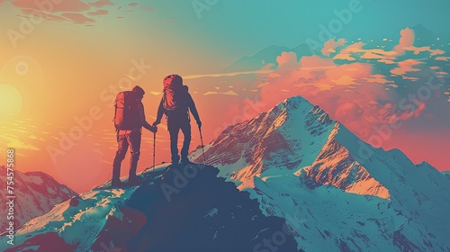 hiker helping friend reach the mountain top illustration 