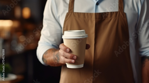 A barista in a brown apron is offering a takeaway coffee cup, focusing on the cup with a softly blurred background. photo