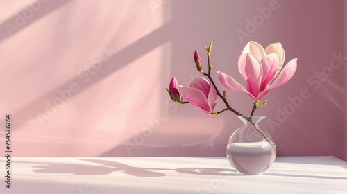 Beautiful pink magnolia flower in transparent glass vase standing on white table, sunlight on pastel pink wall