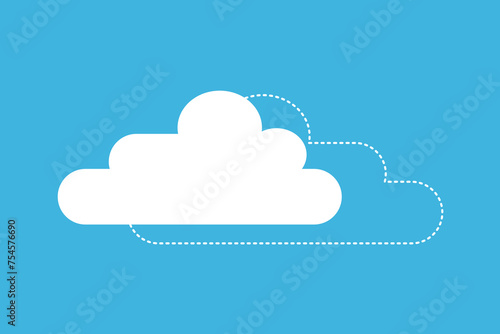 Cloud vector icon set white color on blue background. Flat cloud illustration with dashed line cloud icon isolated on blue sky background. photo