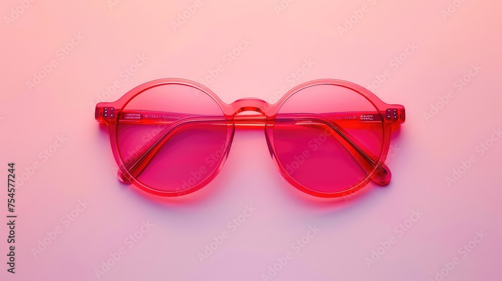 Red Eyeglasses with Rose-Tinted Lenses on a Pastel Monochrome Background Red Eyeglasses with Rose-Tinted Lenses on a Pastel Monochrome Background