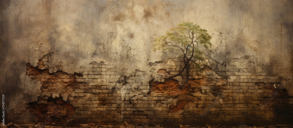 A tree has taken root in a weathered old brick wall, its roots intertwining with the bricks as it grows upwards towards the sky.