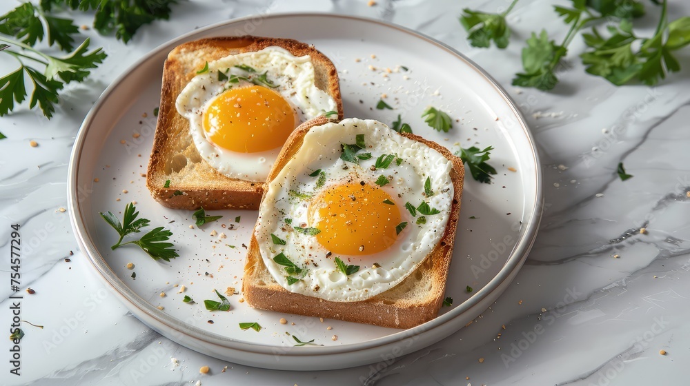 Delicious Breakfast of Two Eggs on Toast Served on a Plate with Parsley, Presented on a White Marble Countertop