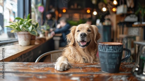 Cheerful golden retriever sitting at a coffee shop table, a friendly companion in a cozy cafe setting.