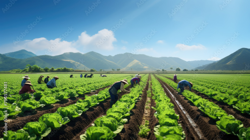 Group of farmers working together in a lettuce field, tending to the crops under a bright sunny sky