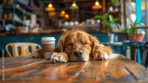 A serene golden retriever resting its head on a wooden table next to a coffee cup in a quaint cafe.