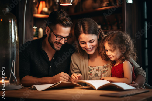 Heartwarming scene of two parents and their child reading a book together