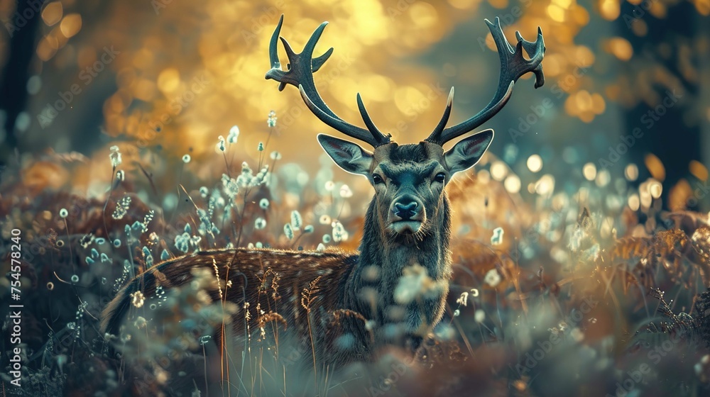 The image shows a majestic deer with a full rack of antlers. The deer is positioned centrally in the frame, looking directly at the camera. Behind the deer, a beautiful, out-of-focus, golden-lit backg The image shows a majestic deer with a full rack of antlers. The deer is positioned centrally in the frame, looking directly at the camera. Behind the deer, a beautiful, out-of-focus, golden-lit backg