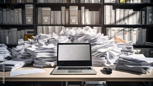 Laptop sits on a desk surrounded by towering stacks of papers and documents