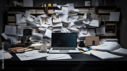 Laptop sits on a desk surrounded by towering stacks of papers and documents