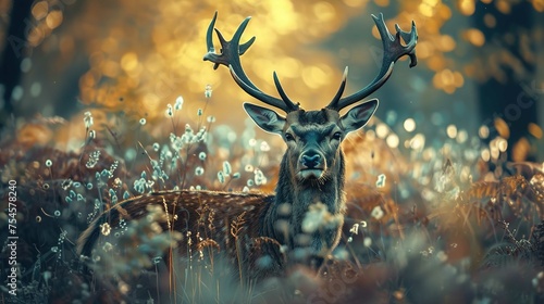 The image shows a majestic deer with a full rack of antlers. The deer is positioned centrally in the frame, looking directly at the camera. Behind the deer, a beautiful, out-of-focus, golden-lit backg
