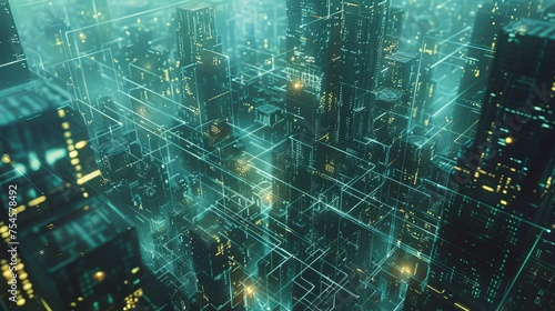 Depict a bustling metropolis existing entirely within cyberspace  with skyscrapers made of code and data streams flowing like rivers through the digital streets.