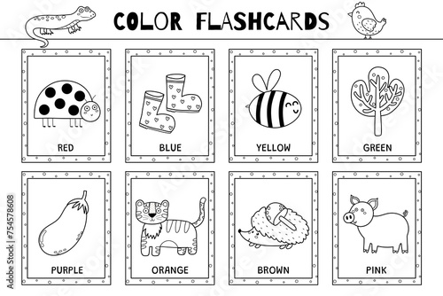 Basic colors flashcards collection for kids in black and white. Flash cards set in outline for coloring. Learn food vocabulary for school and preschool. Vector illustration