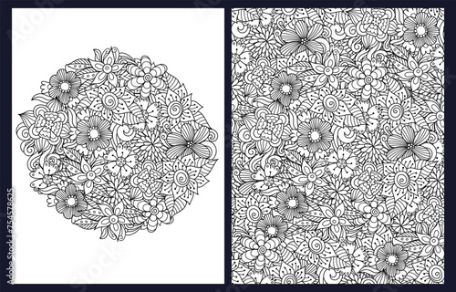 Whimsical flowers coloring pages set in zentangle style. Fantasy doodle floral templates for coloring book in US Letter format. Collection with black and white backgrounds. Vector illustration
