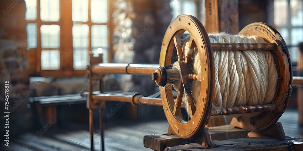 Nostalgic Vintage Spinning Wheel Wool Production History. Concept Textile Industry, Vintage Machinery, Wool Production, Spinning Wheel, Nostalgic Heritage