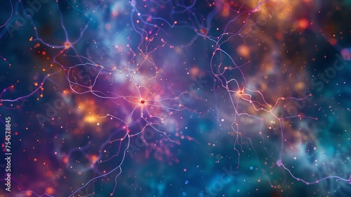Visualize a network of interconnected neurons and synapses expanding across a cosmic backdrop, representing the vast potential of artificial intelligence and machine learning. photo