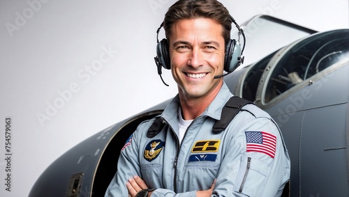 A very handsome airplane pilot in his 35s posing smilingly on a white background, studio shot, advertising space photo