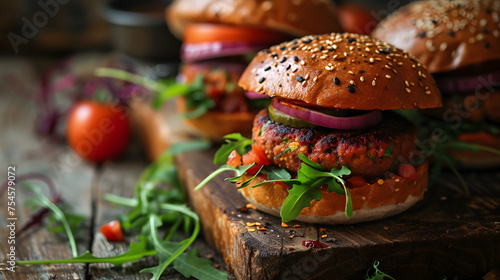 Wallpaper Mural vegetarian burger with rocket salad and tomatoes, generative ai Torontodigital.ca